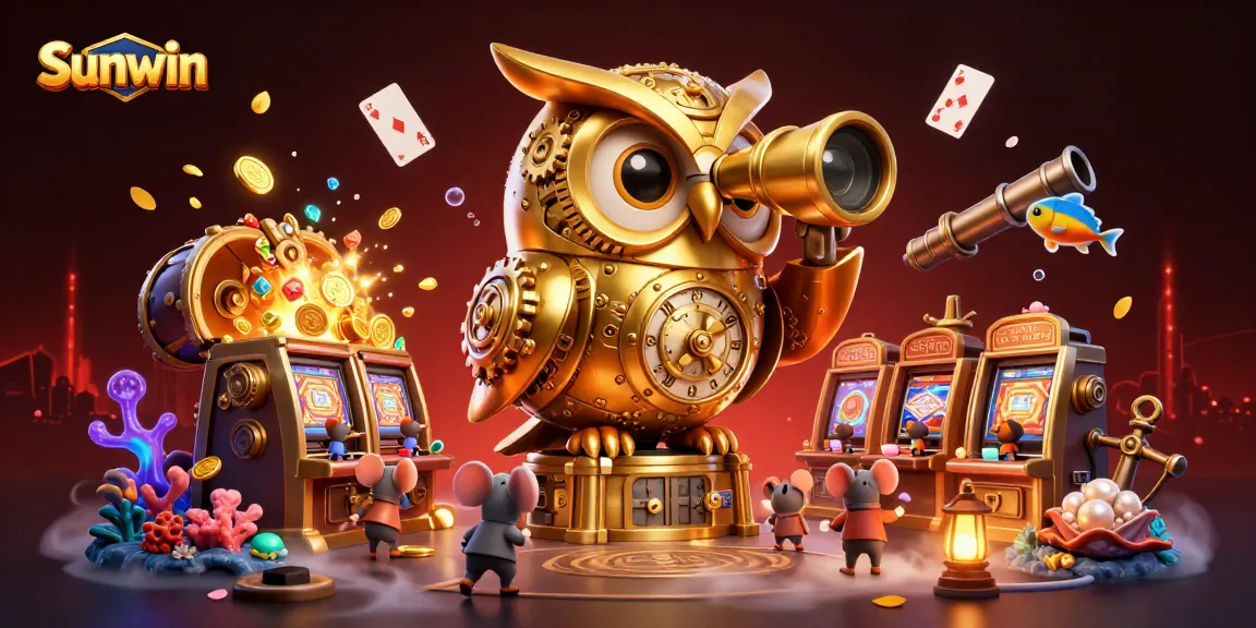 Win big at Sunwin, featuring a golden owl and playful mouse characters amidst sparkling casino games.